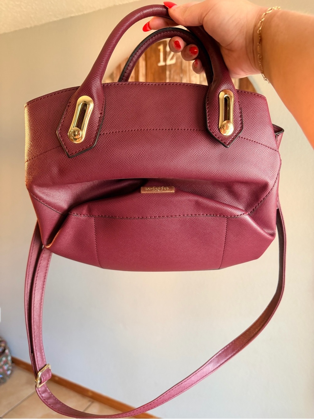 London Fog Structured Burgundy Women’s Satchel Handbag with Gold Hardware